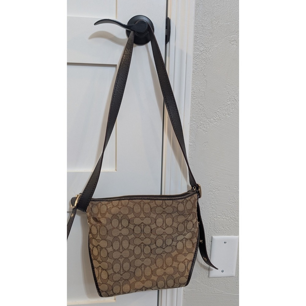 COACH Signature SM Dufflette Crossbody Shoulder Bag Khaki Jacquard Brown Leather